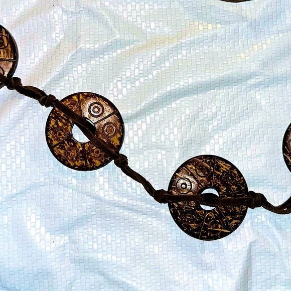 Southwestern Boho Brown Leather Wrap Belt with Decorative Coconut Shell Accents - Picture 7 of 13